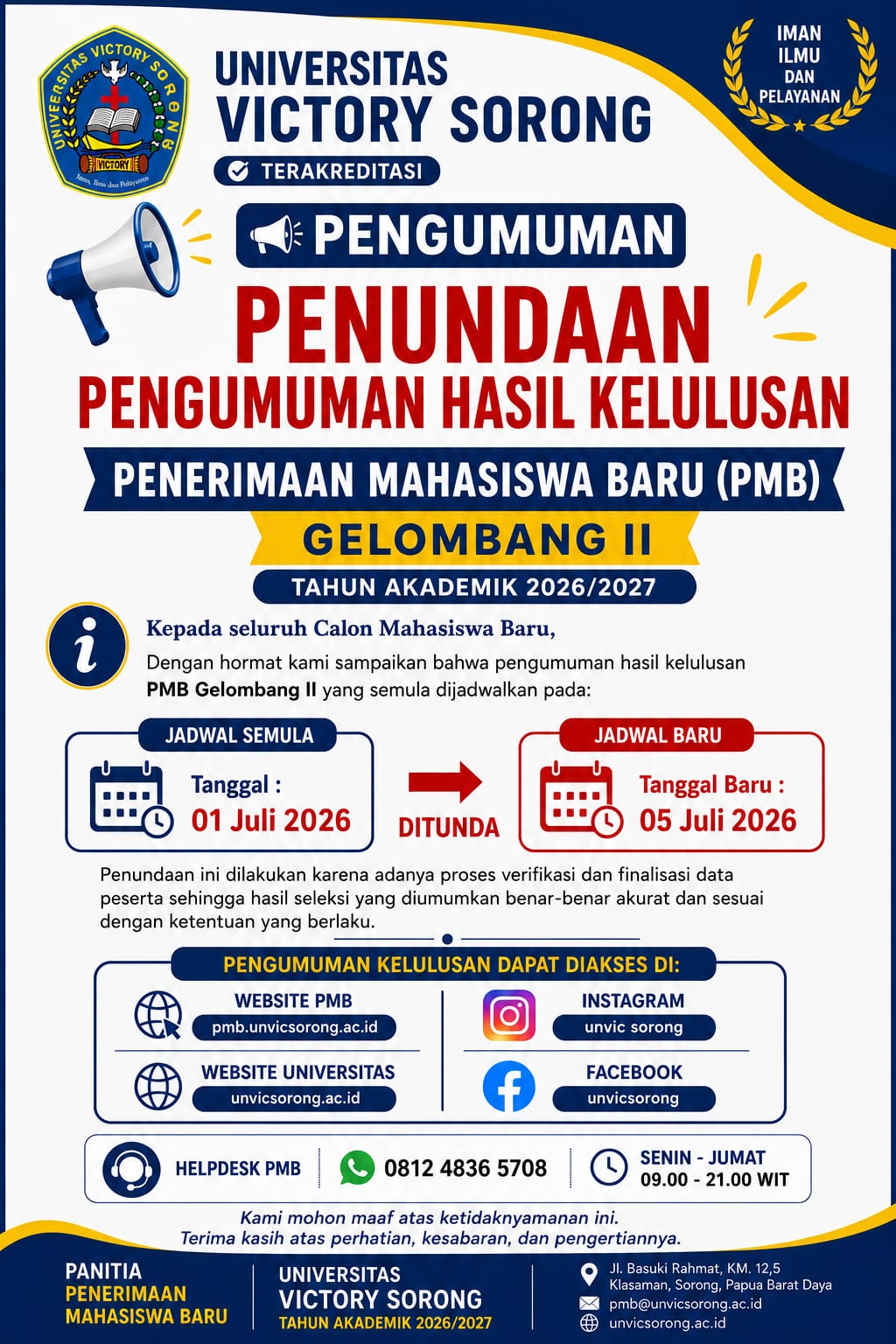 INFO PENUNDAAN PENGUMUMAN HASIL KELULUSAN PMB GELOMBANG II